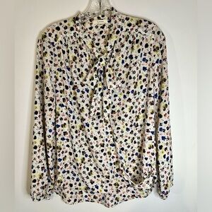 PLEIONE White Floral Print Surplice Blouse Roll Tab‎ Sleeve Hi Low Sz XS/XP